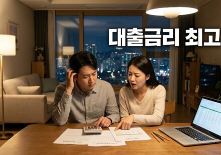 저녁 거실에서 대출 서류와 계산기를 보며 고민하는 부부