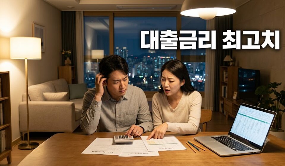 저녁 거실에서 대출 서류와 계산기를 보며 고민하는 부부