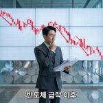 유리 로비의 하락 차트 화면 앞에서 서류를 들고 생각에 잠긴 직장인