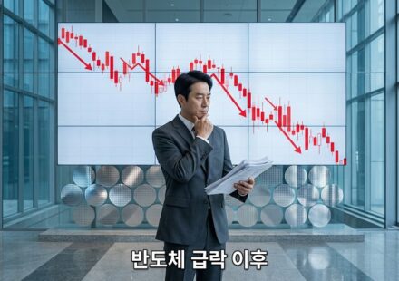유리 로비의 하락 차트 화면 앞에서 서류를 들고 생각에 잠긴 직장인