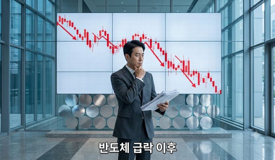 유리 로비의 하락 차트 화면 앞에서 서류를 들고 생각에 잠긴 직장인