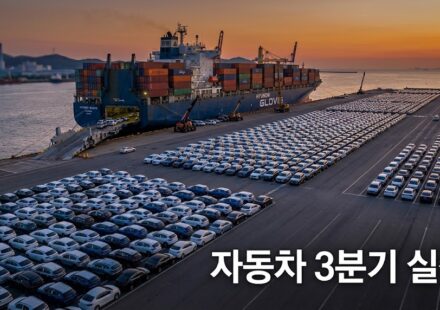 노을 속 수출 부두에 줄지어 선 신차들과 컨테이너 선박 그리고 자동차 3분기 실적 문구