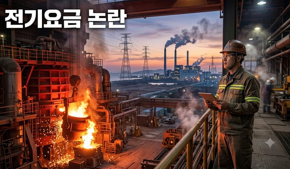 철강 공장과 전력 설비 앞에서 일하는 작업자